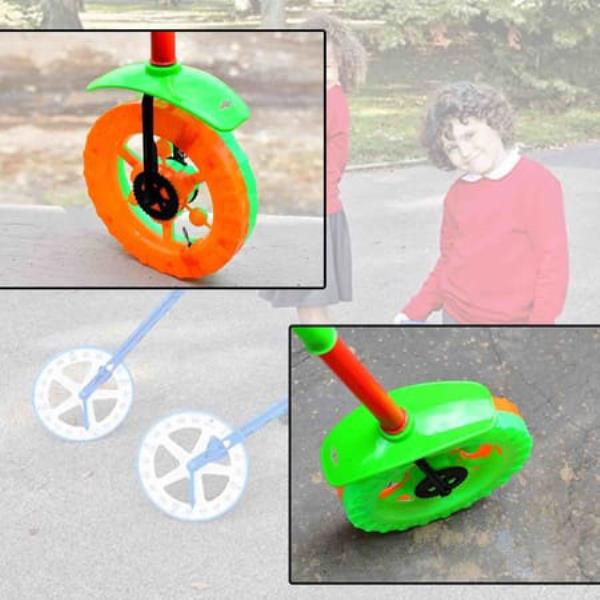  PLASTIC SINGLE WHEEL PUSH RUN TOY WITH HANDLE AND TWO LIGHTS ON WHEEL. PUSH TOY FOR KIDS
