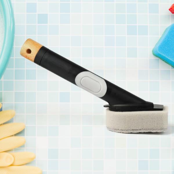 CLEANING BRUSHES SET, SCRUB BRUSH BATHROOM BRUSH, LONG HANDLE LIQUID DISPENSER POT WASHING BRUSH