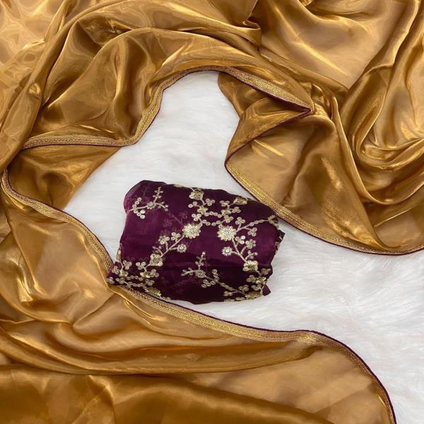 Satin tissue Silk Two tone saree With Antique Design with Exclusive contrast lace.