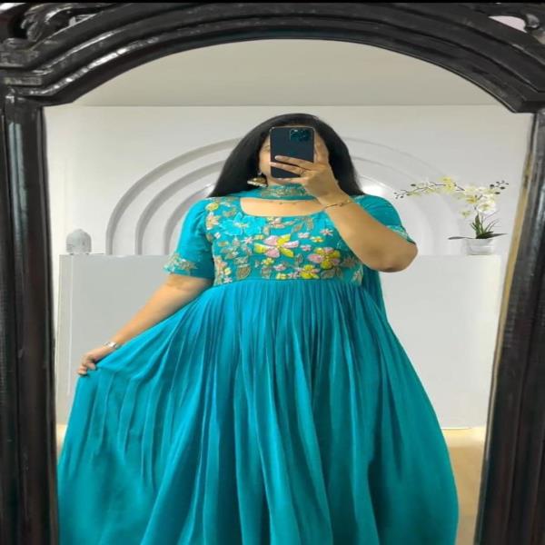 Georgette Anarkali with  Jari Embroidery work for the yoke With beautiful Threads