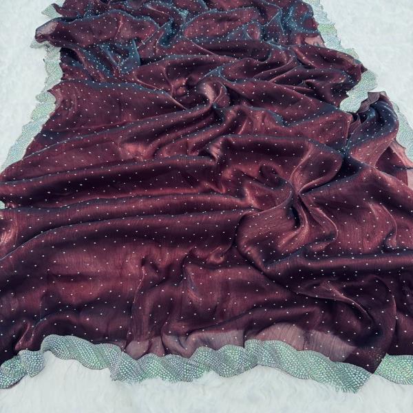  Primium Barbari Jimmy Chu Silk  With Pure JARKAN Handcraft Lace Border And Diamond in Sareee 
