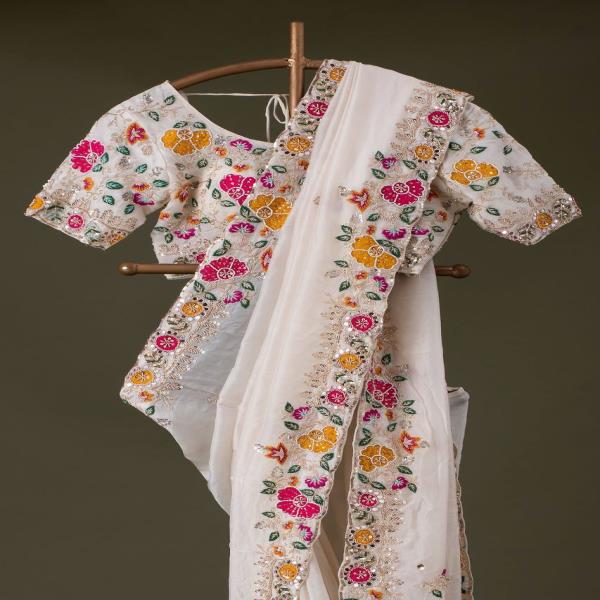 Sari Fabric: Premium Diamond Chinon Silk with Heavy Embroidery Codding Multi Treads & Sequins ??Work