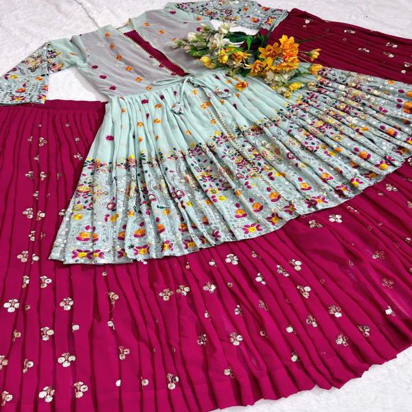 RKF3082 Faux Georgette Silk With 5mm Embroidery Sequence Work Semi Stitched Type lehenga came with c
