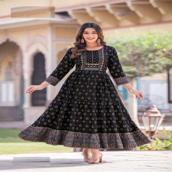 INL  Glamour  SINGLES AVAILABLE Long  Printed Gown with Frill and Hand Work Fabric: 14Kg Rayon print