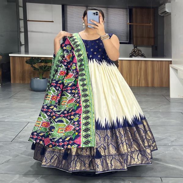 GRO  6041  SINGLES AVAILABLE Gown Details Fabric : Soft Dola Silk With ZigZag Border Work : Print Wi