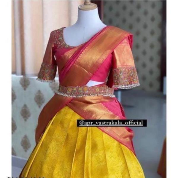 SRI  Indrani half saree Kanjiveram Silk pure Zari lehanga with blouse along with Duppta!!!  Lehanga 