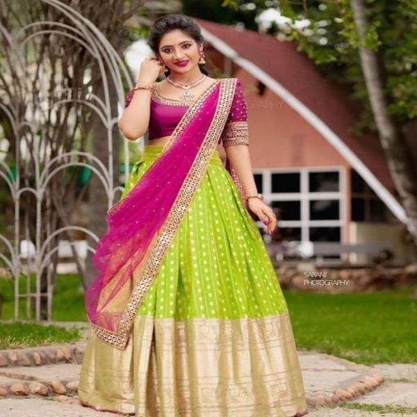 SRI  kadambari half saree Kanjiveram Silk pure Zari lehanga with blouse along with Duppta