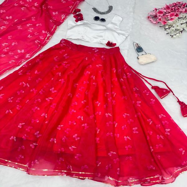 SWC  186  Pure Jimmy organza silk digital printed lehnga .  8mtr flair lehnga with canvas patta 