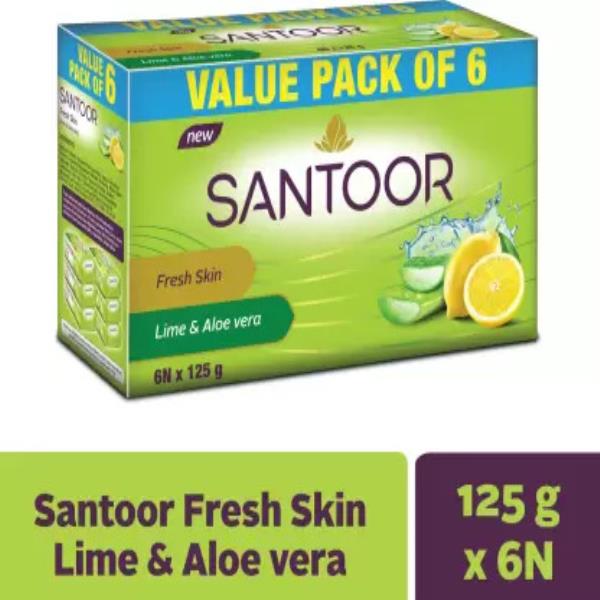 Santoor by Wipro Fresh Skin Aloe Vera & Lime Bathing Bar Soap For Soft & Youthful Skin  (6 x 125 g)