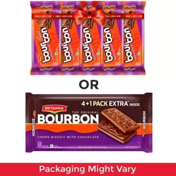 BRITANNIA Bourbon Biscuits Cream Sandwich  (Combo Pack 4 + 1 Free, 120 g each)  (400 g, Pack of 4)